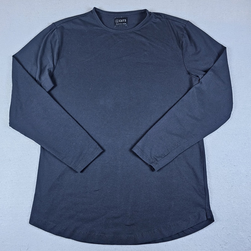 Cuts Clothing Curve Hem Shirt Mens Medium Black Long Sleeve Crewneck Solid Plain